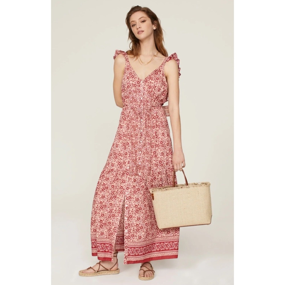 Faherty Hyland Maxi Dress Sun Up Block Print Pink Red Elevated Boho Size M - Picture 2 of 12